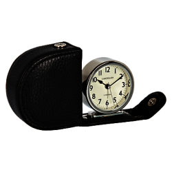 Lascelles Travel Alarm Clock in a Leather Case, Black